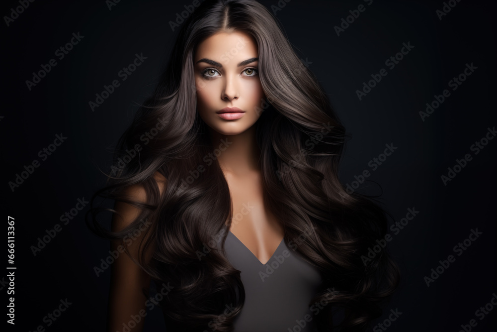 Beautiful woman with flowing brown hair posing on a dark background