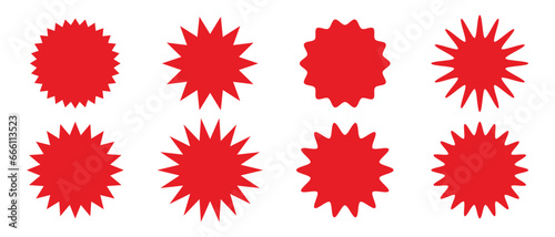 Red starburst set. Sale or discount stickers. Sunburst badges icon. Different number of sunrays. Special offer price tag, price stickers