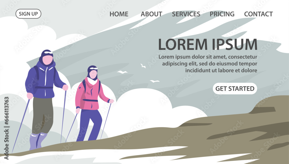 Couple climbers on the mountain. Man and woman hiker with backpacks on the background of a cloud. Cold and snow. Adventure and challenge. Vector illustration. Design for website, banner Couple climbers on the mountain. Man and woman hiker with backpacks on the background of a cloud. Cold and snow. Adventure and challenge. Vector illustration. Design for website, banner