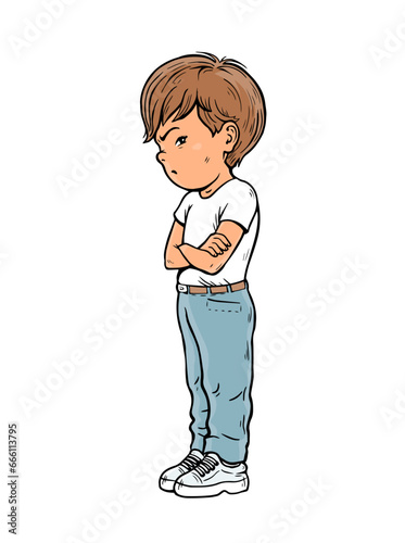 Offended little boy. Stubborn pose. Negative emotion. Dissatisfied child. Cartoon vector illustration isolated on white background. Hand drawn line