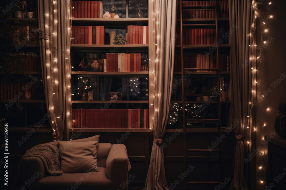 New Year's Christmas decorations interior with bright garlands on the background of a home library New Year's Christmas decorations interior with bright garlands on the background of a home library