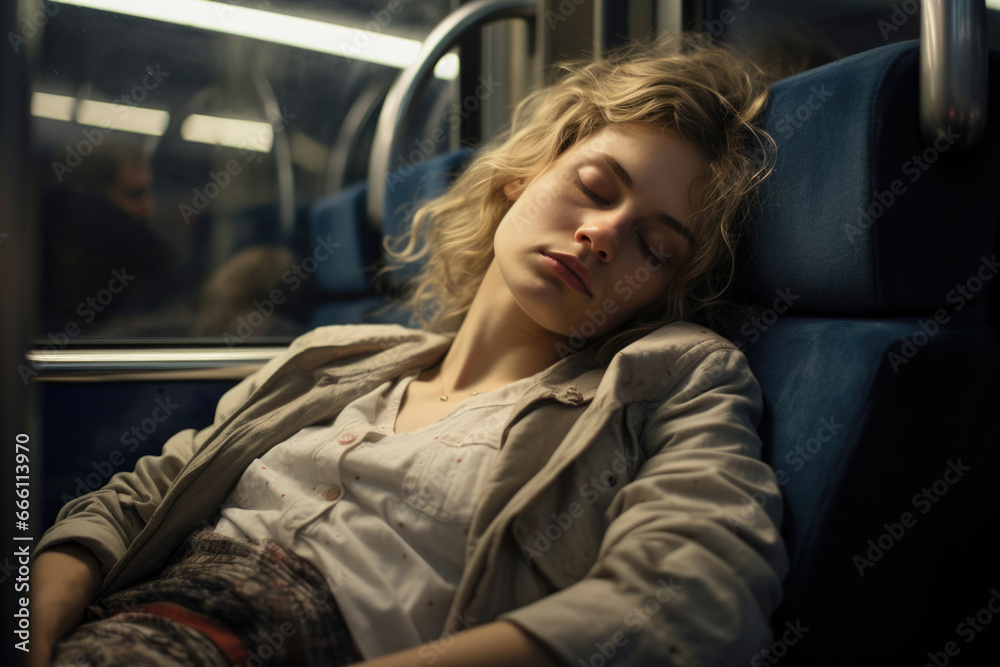 Weary woman dozing off on a train seat during a lengthy journey