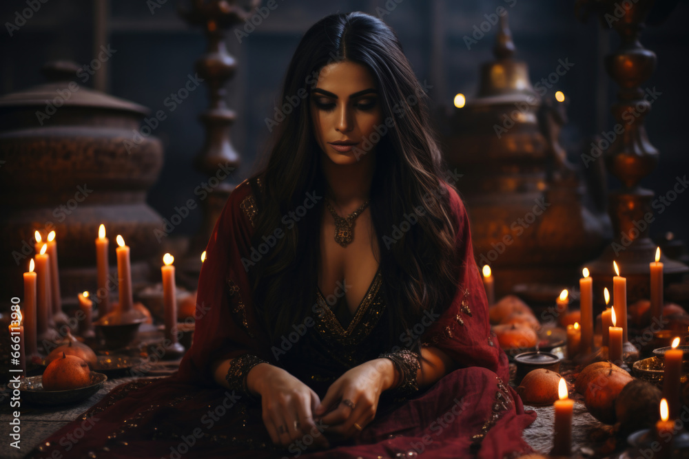 Naklejka premium Mysterious fortuneteller engages in ancient rites, peering into the ethereal, deciphering the cryptic messages of destiny.