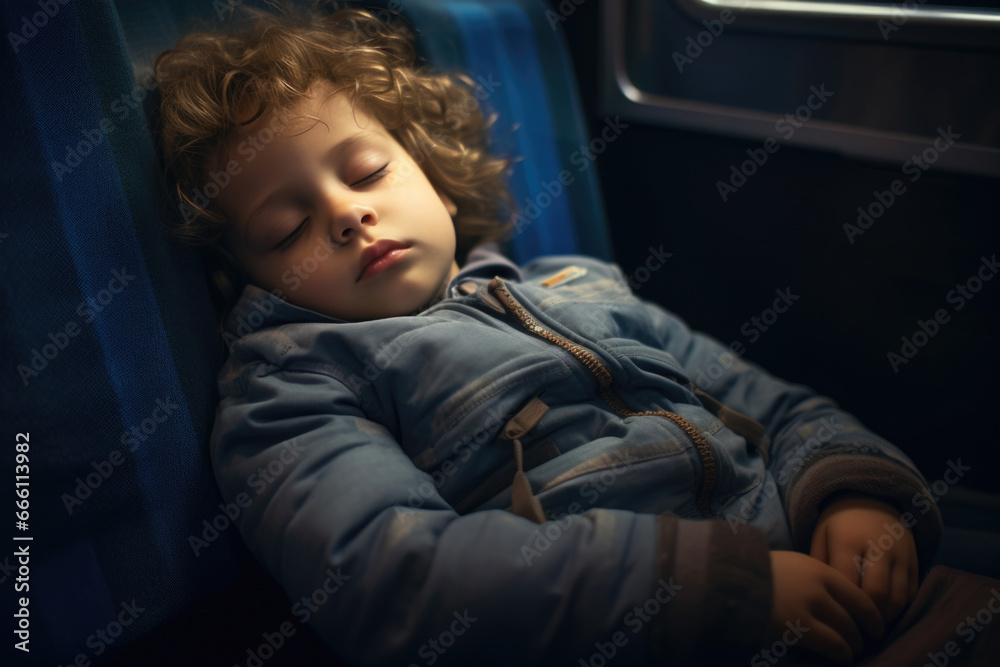 Exhausted young boy napping on a train seat during a lengthy journey Exhausted young boy napping on a train seat during a lengthy journey