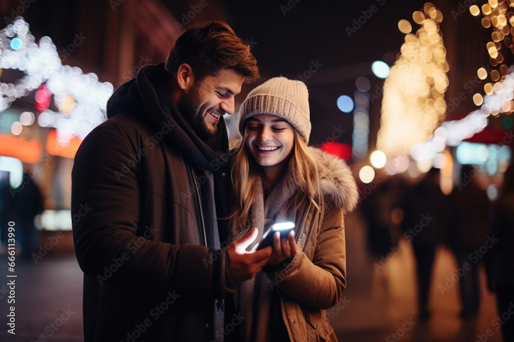A joyful couple shares smiles, holding a mobile phone amid the festive night cityscape during Christmas and New Year celebrations