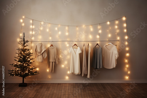 New Year Christmas wardrobe concept. various things hang on the wall near New Year's garlands and New Year's trees