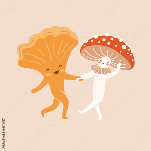 Dancing mushroom illustration. Funny print design for t-shirt. Сhanterelles and fly agaric isolated on light background. Cute vector chararters for kids poster