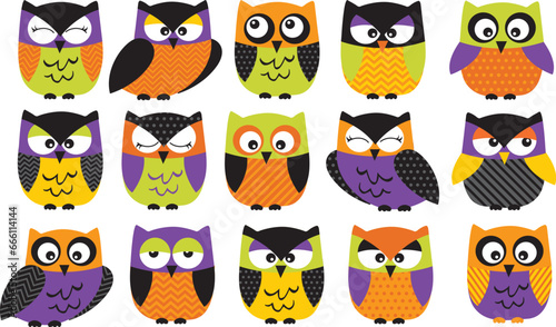 Halloween Owls, purple, orange, green