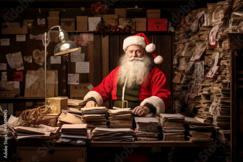 Santa Claus sorts letters from children wishing for gifts.