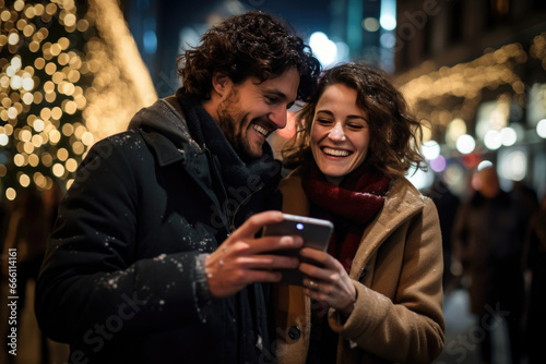 A couple in the festive cityscape of Christmas and New Year shares a moment of joy, capturing memories with a mobile phone, their smiles blending with the festive glow