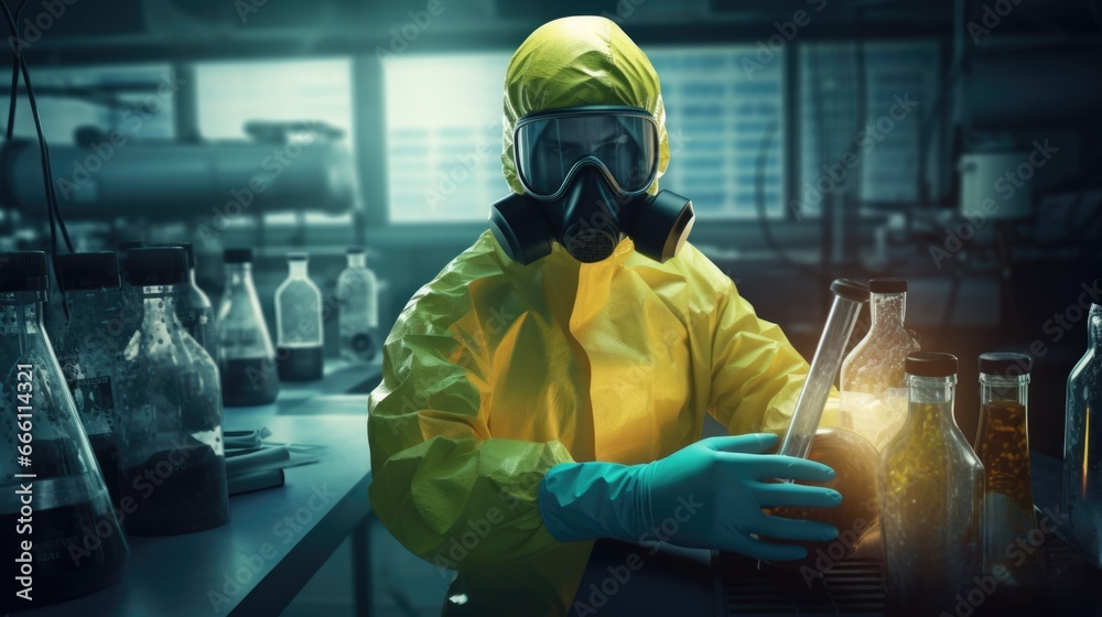 Laboratory HAZMAT worker working with biohazardous materials in yellow protective gear and safety mask as precaution measure against biological risks Laboratory HAZMAT worker working with biohazardous materials in yellow protective gear and safety mask as precaution measure against biological risks