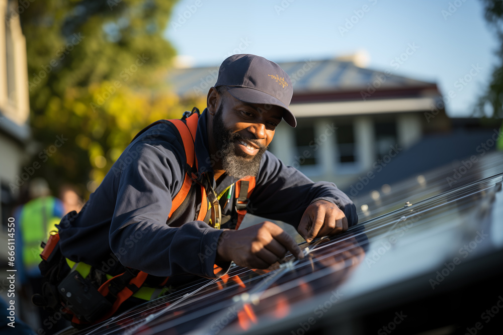 Close up of a fitter with cap assembles solar panels on the roof Close up of a fitter with cap assembles solar panels on the roof