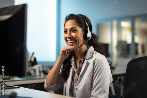 The female medical professional smiles during a video consultation