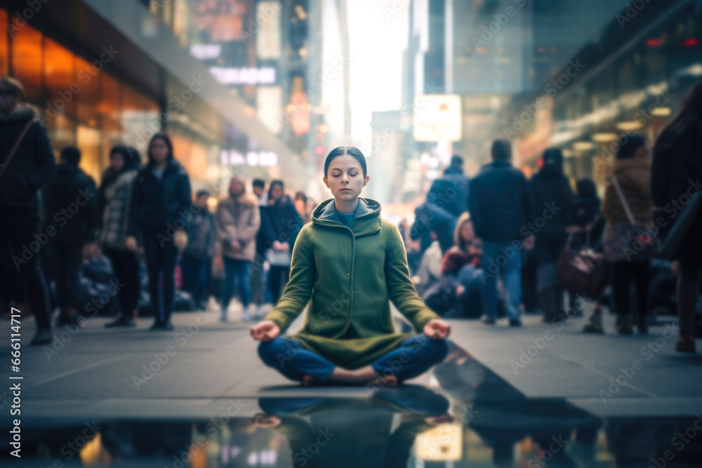 In the heart of the bustling urban night, a woman meditates serenely in lotus pose, underscoring the significance of mental peace amid city chaos - obrazy, fototapety, plakaty 