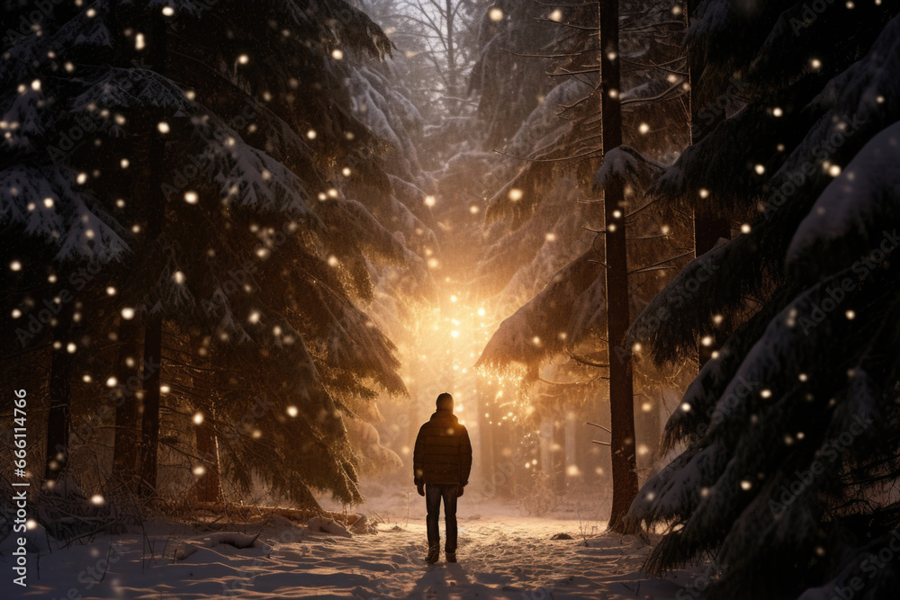 Amidst the snowfall in a forest, a man stands , radiating happiness and embracing the tranquil winter ambiance