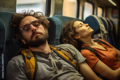 Exhausted couple seeking refuge in dreams, resting during a tiresome train journey © Konstiantyn Zapylaie