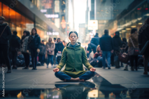 In the heart of the bustling urban night, a woman meditates serenely in lotus pose, underscoring the significance of mental peace amid city chaos