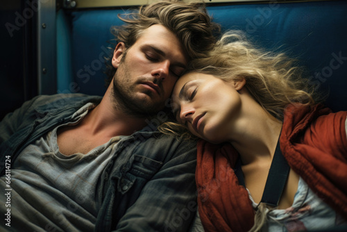Weary travelers catching some sleep on a train during a lengthy journey