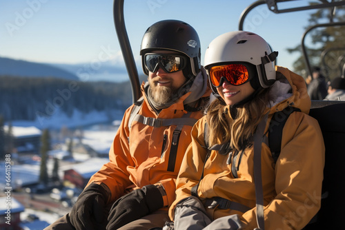 A couple on a chairlift on the mountains in winter. Ski lift, ski resort, ski slope. Snowboarders going up a mountain. photo