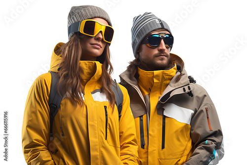 Couple in winter clothes on white background. Ski resort, snowboarding concept. 