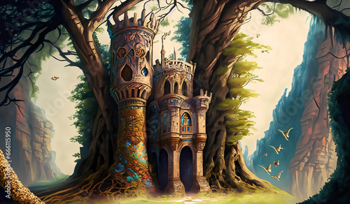 ancient castle in the forest . digital illustration . photo