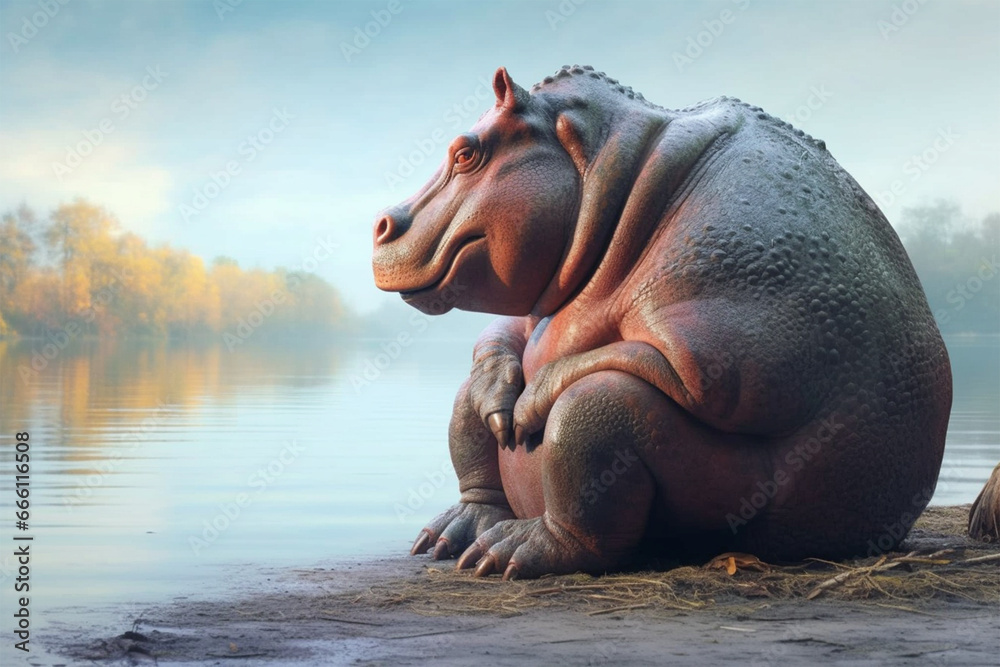 cartoon style of a hippo - obrazy, fototapety, plakaty 
