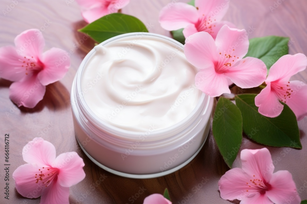 Luxurious Cosmetic cream pink flowers. Body beauty. Generate Ai