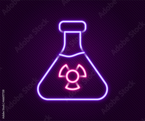 Glowing neon line Laboratory chemical beaker with toxic liquid icon isolated on black background. Biohazard symbol. Dangerous symbol with radiation icon. Colorful outline concept. Vector