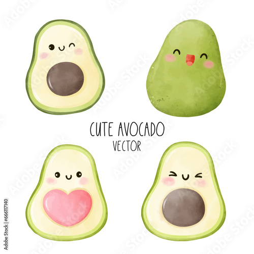 Draw vector illustration collection cute avocado Food concept Watercolor style