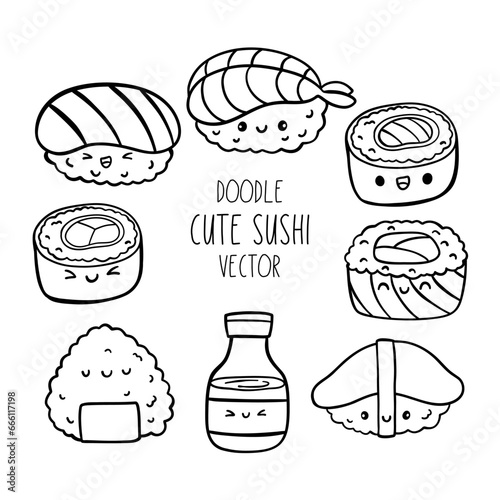Draw vector illustration collection doodle cute sushi Japanese food Doodle cartoon style