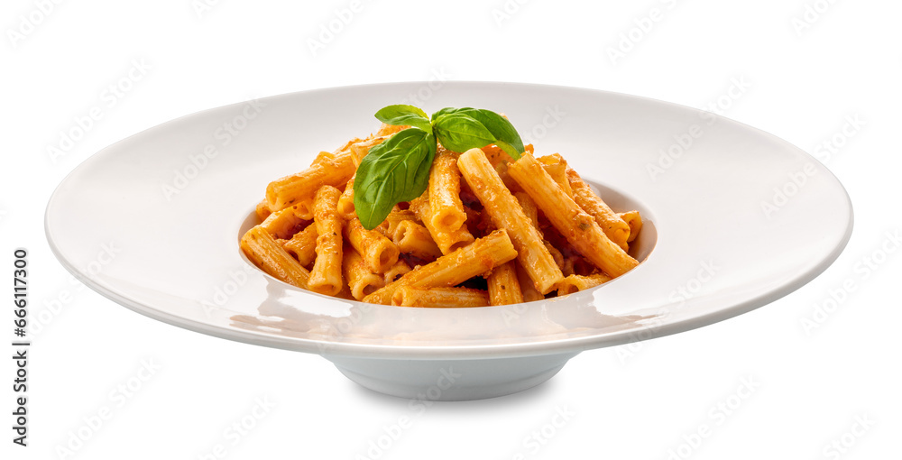 Macaroni rigati pasta with tomato sauce. Italian pasta called sedani rigati (striped celery) with tomato pesto and basil leaves in white dish isolated Macaroni rigati pasta with tomato sauce. Italian pasta called sedani rigati (striped celery) with tomato pesto and basil leaves in white dish isolated