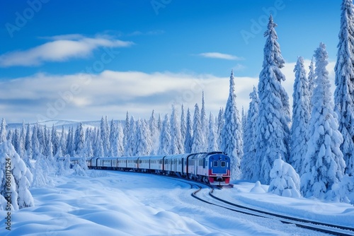 Snowy winter landscape with moving train near Whitefish, Montana. Generative AI