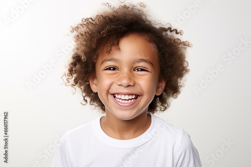 A professional portrait studio photograph featuring an adorable, mixed-race young boy with immaculately clean teeth, radiating joy with laughter and smiles. This image is isolated on white background