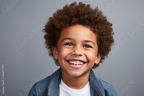 A professional portrait studio photograph featuring an adorable, mixed-race young boy with immaculately clean teeth, radiating joy with laughter and smiles. This image is isolated on white background