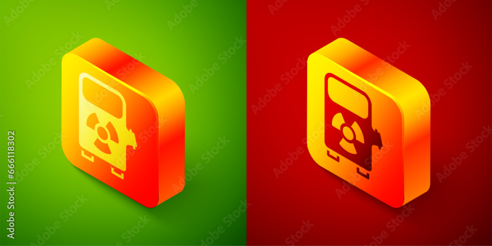 Isometric Electric car charging station icon isolated on green and red background. Eco electric fuel pump sign. Square button. Vector Isometric Electric car charging station icon isolated on green and red background. Eco electric fuel pump sign. Square button. Vector