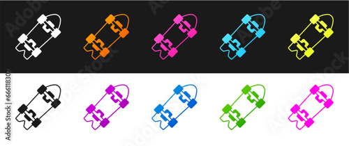 Set Longboard or skateboard cruiser icon isolated on black and white background. Extreme sport. Sport equipment. Vector