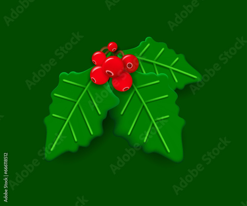 3D Holly leaves and berries. Traditional Christmas plant. Realistic object for Christmas design