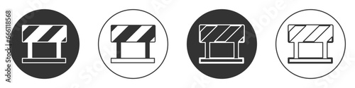 Black Road barrier icon isolated on white background. Symbol of restricted area which are in under construction processes. Repair works. Circle button. Vector