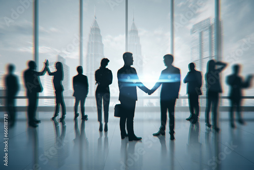 Businesspeople silhouettes on blurry office interior background with city view. Teamwork, CEO, success and finance concept. Double exposure.