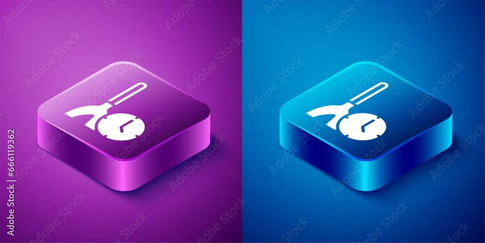 Isometric Cleaning time icon isolated on blue and purple background. Sanitary service, house hygiene. Square button. Vector Isometric Cleaning time icon isolated on blue and purple background. Sanitary service, house hygiene. Square button. Vector