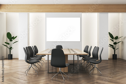 Modern meeting room interior with empty white mock up banner, furniture and wooden flooring. 3D Rendering.