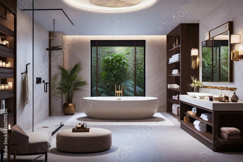 a concept for a high-end  spa-inspired bathroom that offers the ultimate relaxation and pampering experience