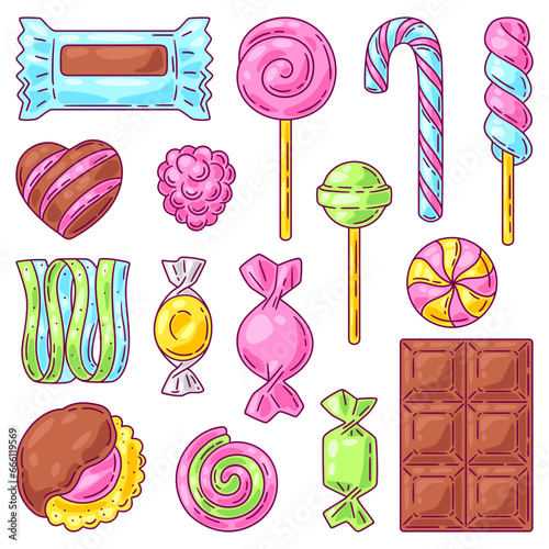 Set of candies and sweets. Background for confectionery or candy shop. photo