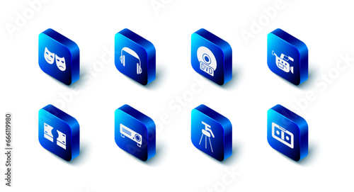 Set Headphones, CD or DVD disk, Cinema camera, VHS video cassette tape, Tripod, Movie, film, media projector, Stacks paper money cash and Comedy and tragedy masks icon. Vector