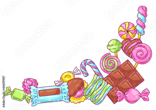 Background with candies and sweets. Design for confectionery or candy shop.