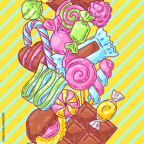 Pattern with candies and sweets. Background for confectionery or candy shop. photo