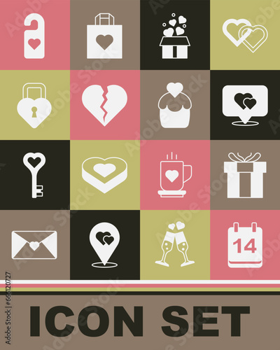 Set Calendar with February 14  Gift box  Location heart  hearts  Broken or divorce  Castle in the shape of  Please do not disturb and Wedding cake icon. Vector