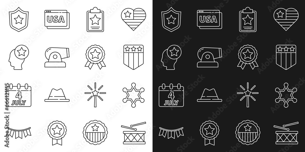 Set line Drum and drum sticks, Hexagram sheriff, Shield with stars, USA Independence day, Cannon, Head, Police badge and Medal icon. Vector