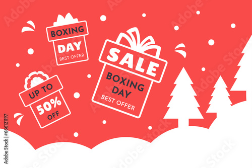Boxing Day. Present boxes, discount, price off. Winter Background. Big Modern banner for shopping event promotion, sale, advertisement. Vector illustration for winter holiday, New Year, web