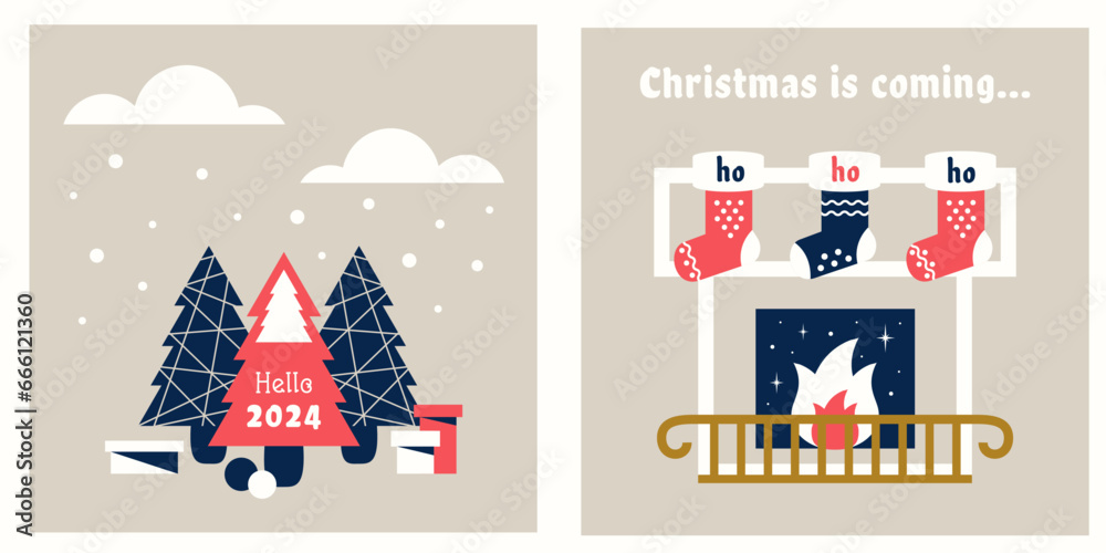Set of Christmas cards. Stone fireplace with burning flame, Christmas socks, presents. Modern Christmas trees and greeting text with number 2024. Vector illustration for banner, print, invitations